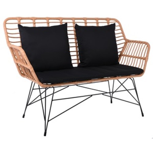 SALSA Living Καναπές Κήπου 2Θέσιος, Μέταλλο Βαφή Μαύρο, Wicker Φυσικό, Μαξιλάρια Μαύρο