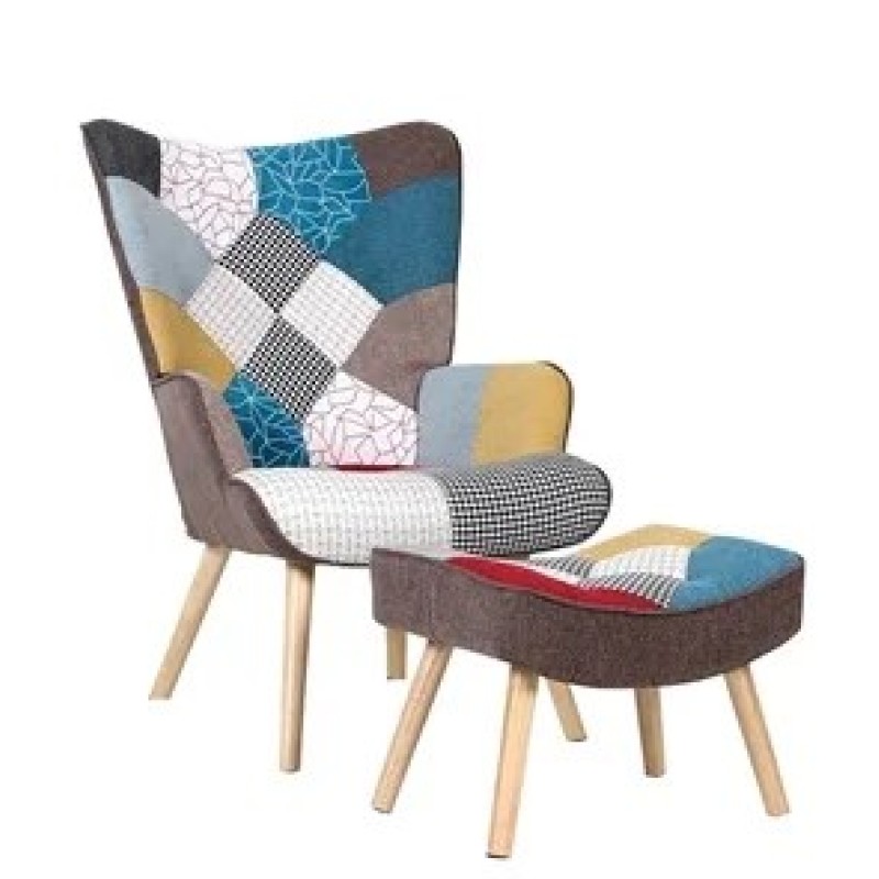 ALMA Πολυθρόνα - Μπερζέρα με Σκαμπό - Υποπόδιο Φυσικό Ύφασμα Patchwork