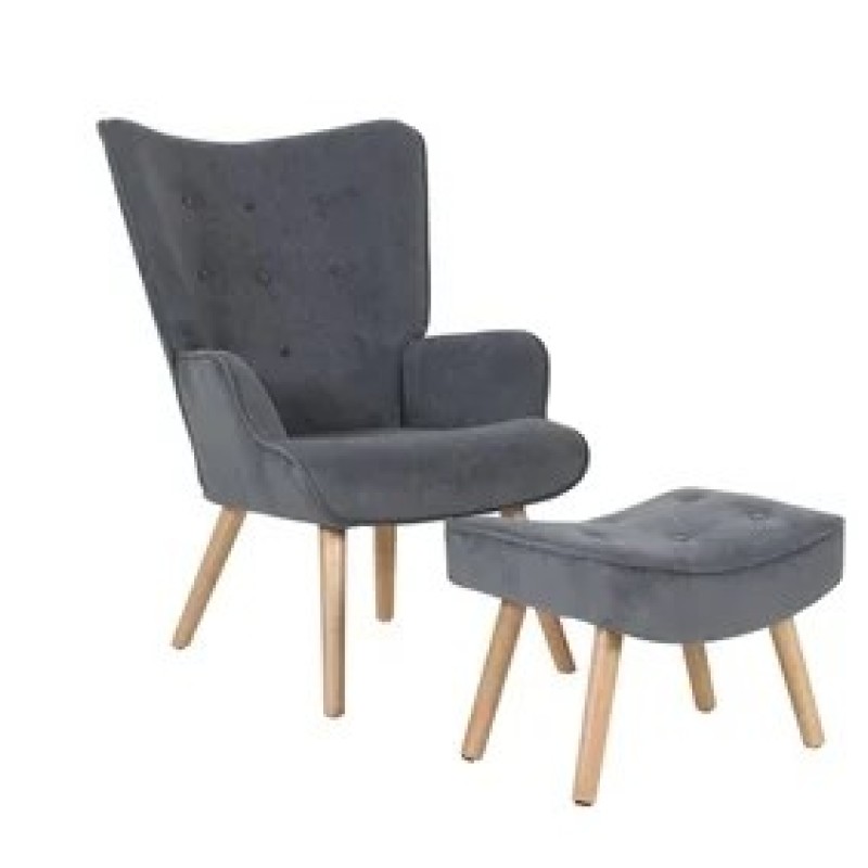 ALMA Πολυθρόνα - Μπερζέρα με Σκαμπό - Υποπόδιο Φυσικό Ύφασμα Velure Γκρι, K/D