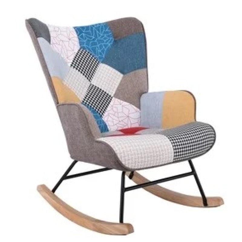 ALMA Rocking Πολυθρόνα Μπερζέρα Καθιστικού, Ύφασμα Patchwork, Βάση Μαύρο-Φυσικό